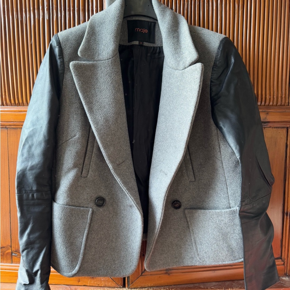 Maje Gray Wool Blazer with Black Leather Sleeves